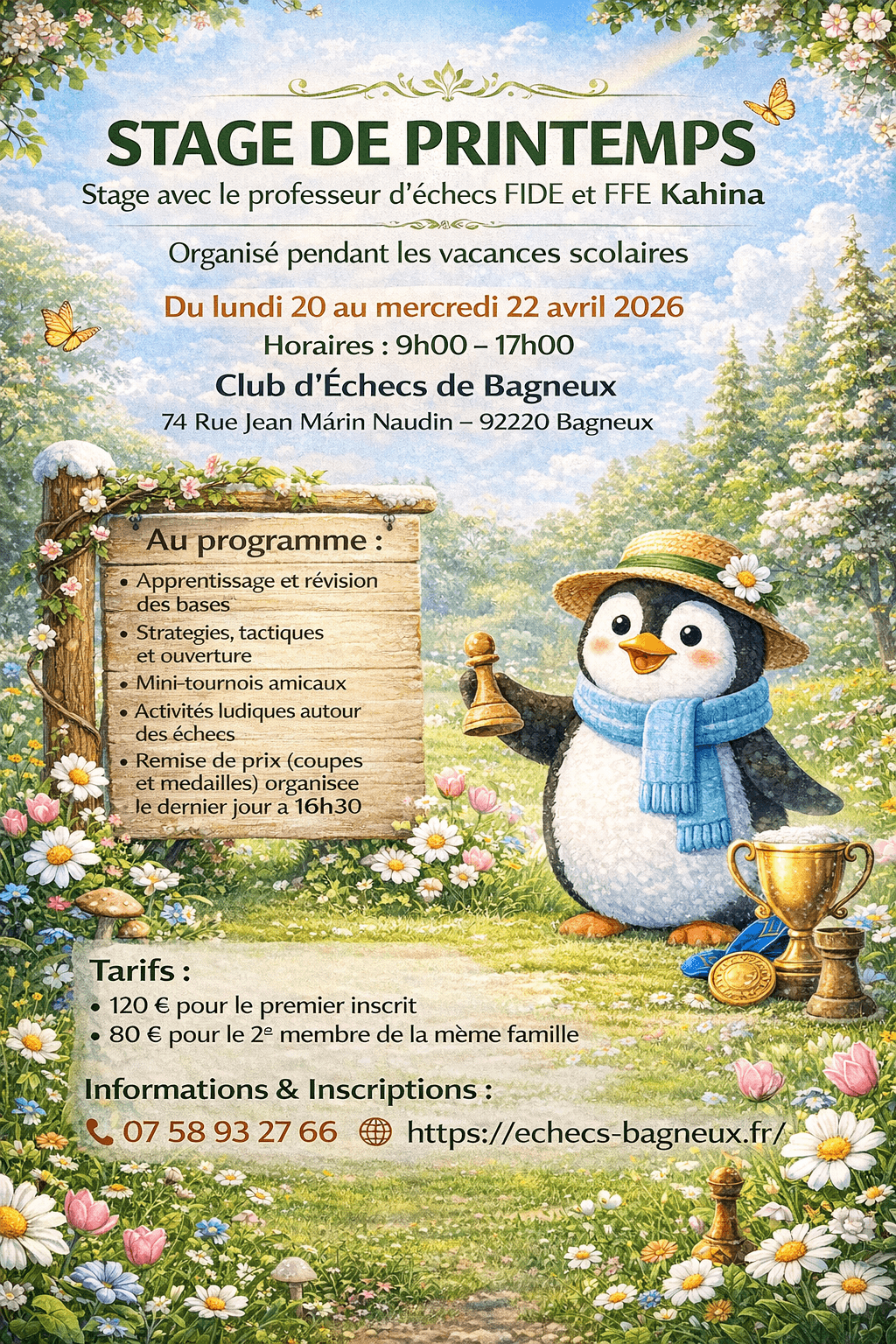 visuel du stage d'échecs organisé par le club d'échec de Bagneux du 20 au 22 avril 2026