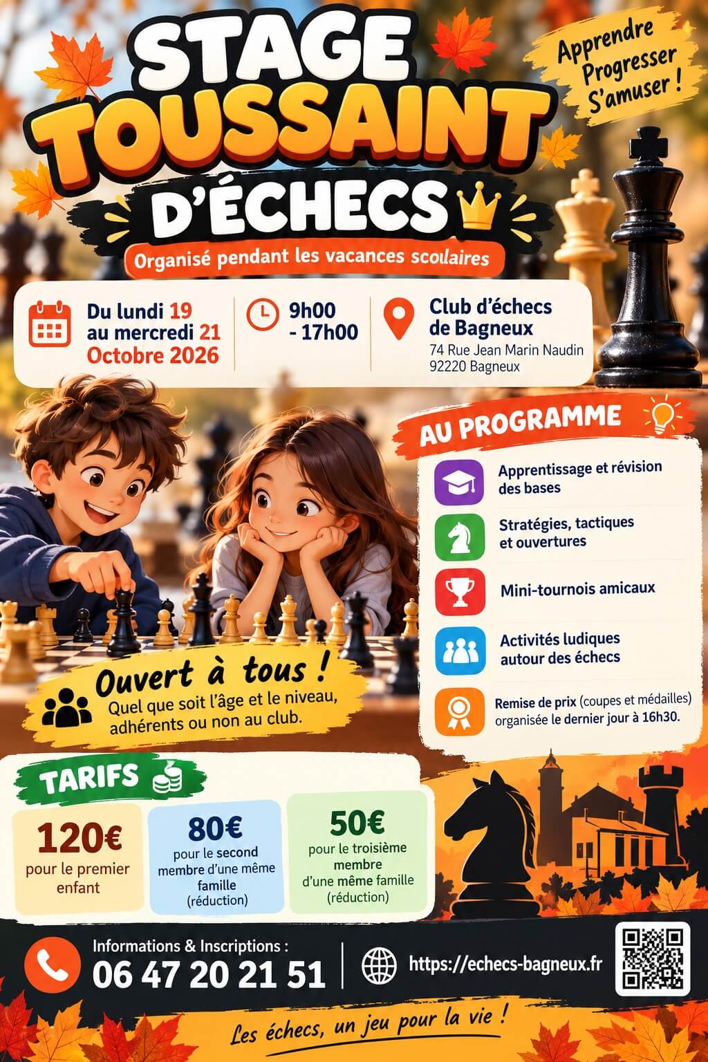 Affiche de l'organisation de stage de toussaint au club d'échecs de Bagneux du 19 au 21 octobre 2026